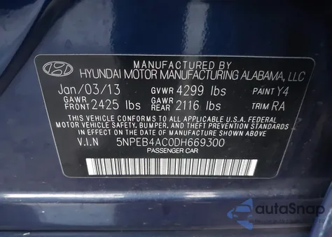 2013 Hyundai Sonata Gls z USA, uszkodzony, nr VIN 5NPEB4AC0DH669300